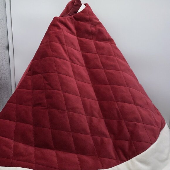 Pottery Barn Velvet Tree Skirt Christmas Quilted Red Cream Button Closure 45 in - Picture 3 of 16